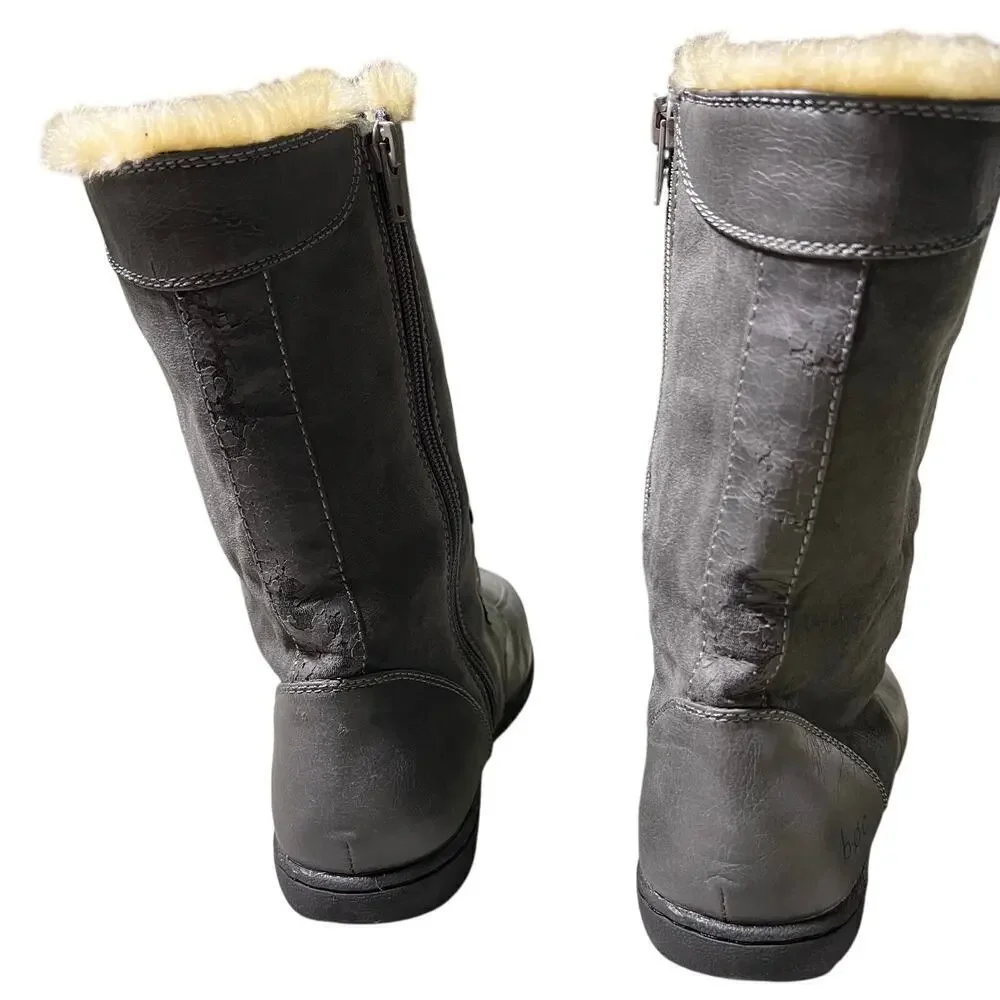 BOC Youth Size 4 Lace Leather Boots Grey Zip‎ Lace Up Faux Fur Snow Winter